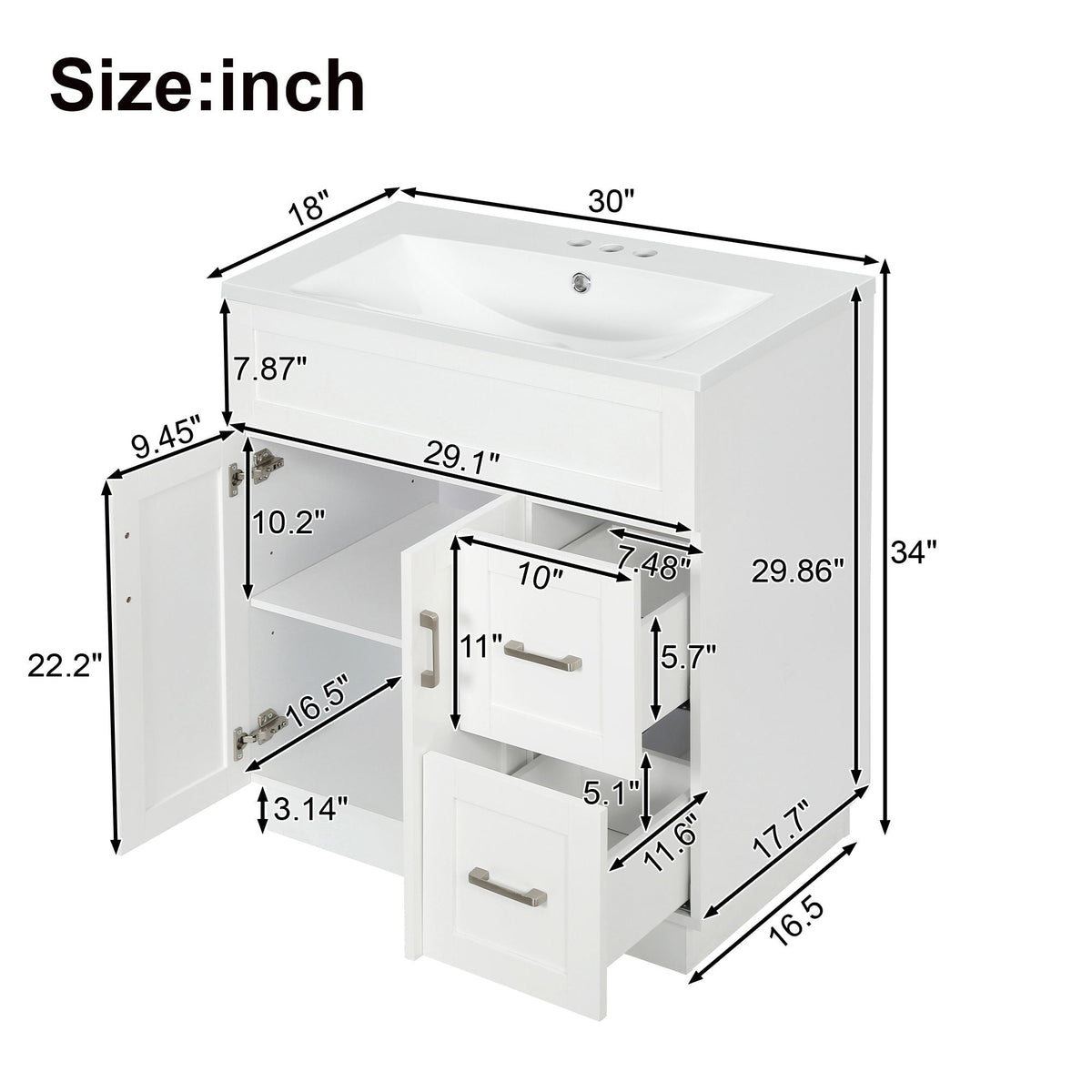 Bathroom Vanity With 2 Doors, 2 Drawers, Adjustable Shelf, Hidden Slides & Soft Close Hinges