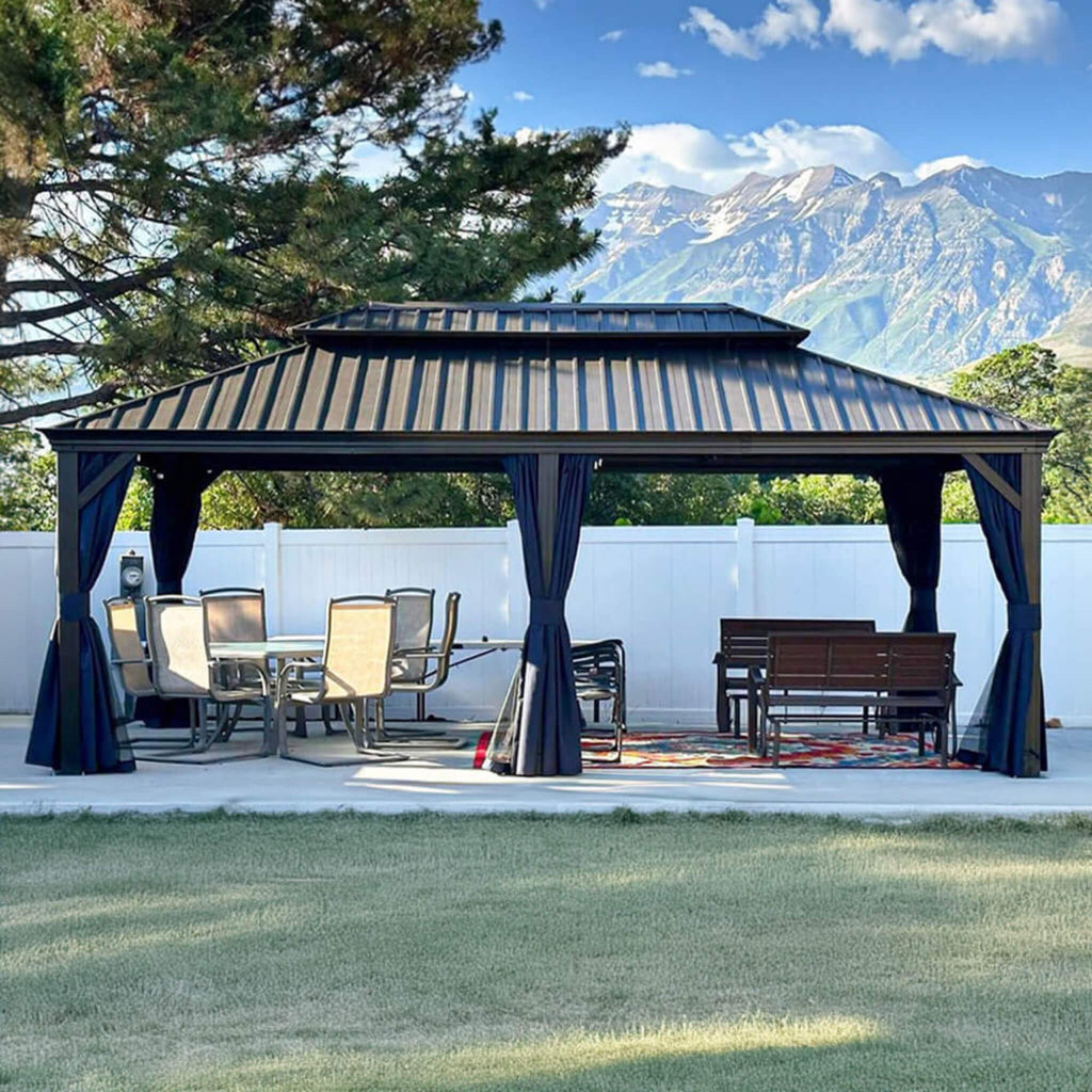 [12X20FT] Alora Heavy-Duty Outdoor Backyard Hardtop Gazebo With Netting And Curtains (SAK18352)
