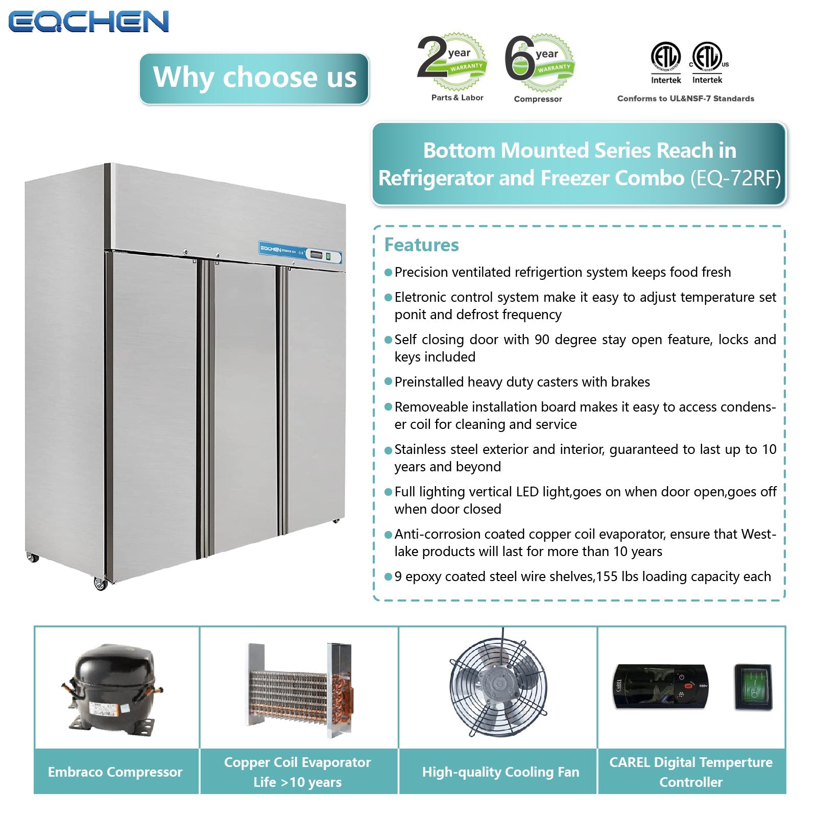 Commercial Fridge and Freezer Combo, EQCHEN 72" 3 door Reach-In Commercial Refrigerator and Freezer Combination