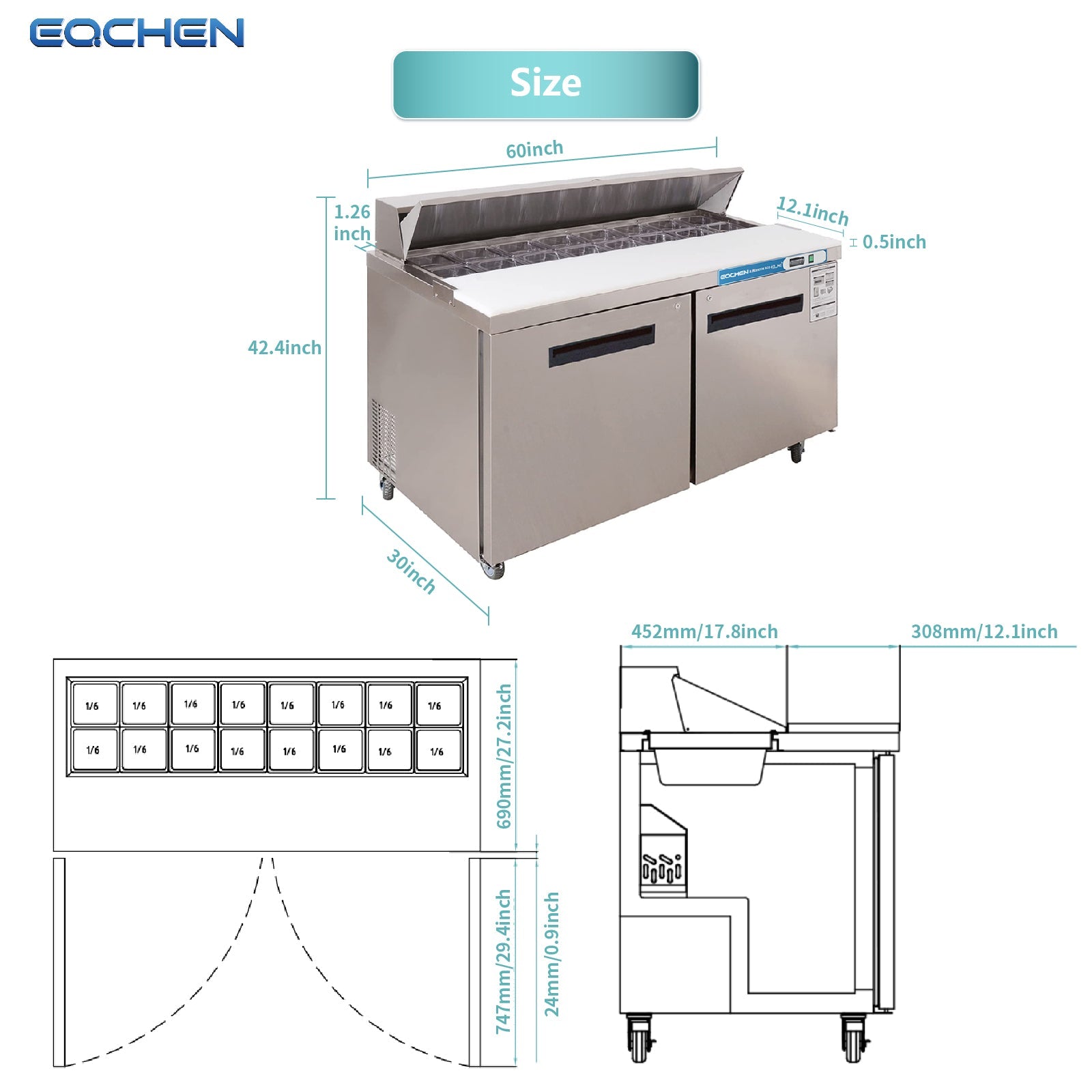EQCHEN 60 Inch Sandwich Prep Table Refrigerator