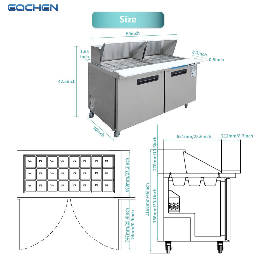 EQCHEN 60 Inch Mega Top Sandwich Prep Table Refrigerator