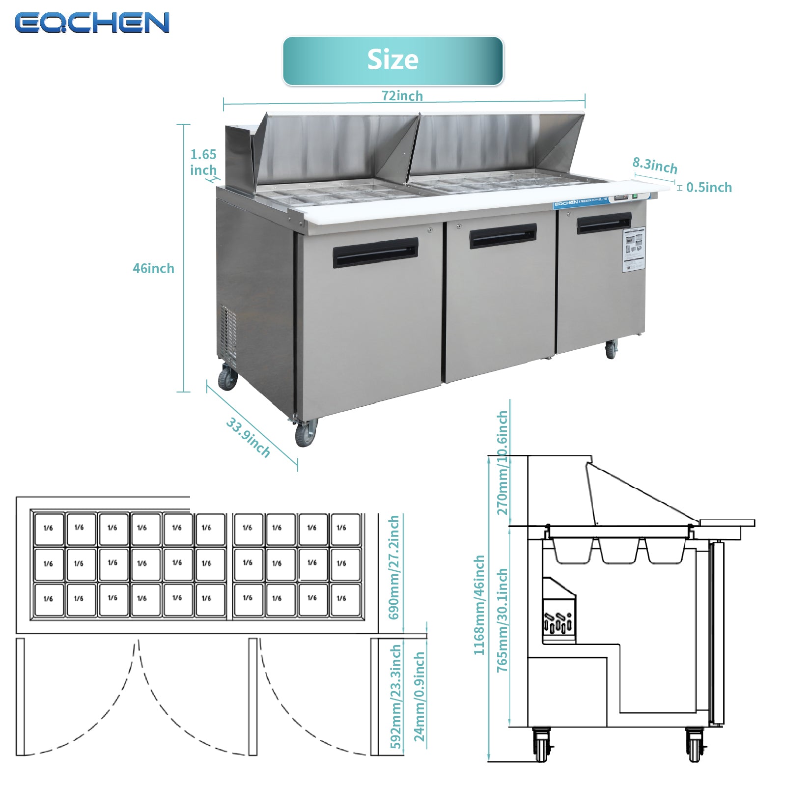72 inch Salad Sandwich Prep Table Refrigerator, Mega Top, Stainless Steel Food Prep Cooler