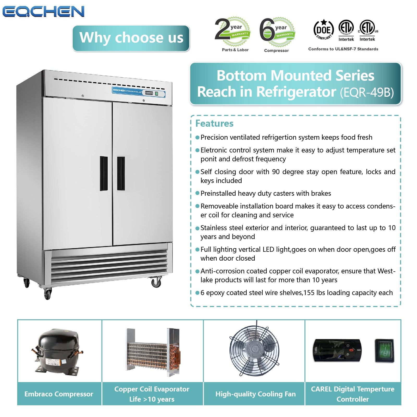 Commercial Reach in Fridge, 2 door 49Cu.ft Stainless Steel Commercial Reach in Upright refrigerator
