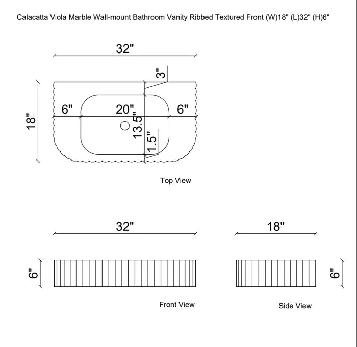 Calacatta Viola Marble Wall-mount Bathroom Vanity Sink Ribbed Textured Front (W)18" (L)32"