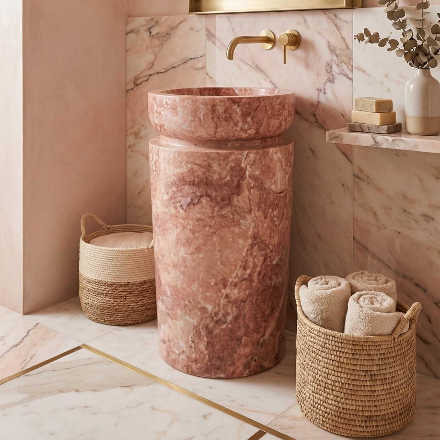 Red Travertine Designer Pedestal Stand-Alone Fluted Sink (W)18" (L)18" (H)33"