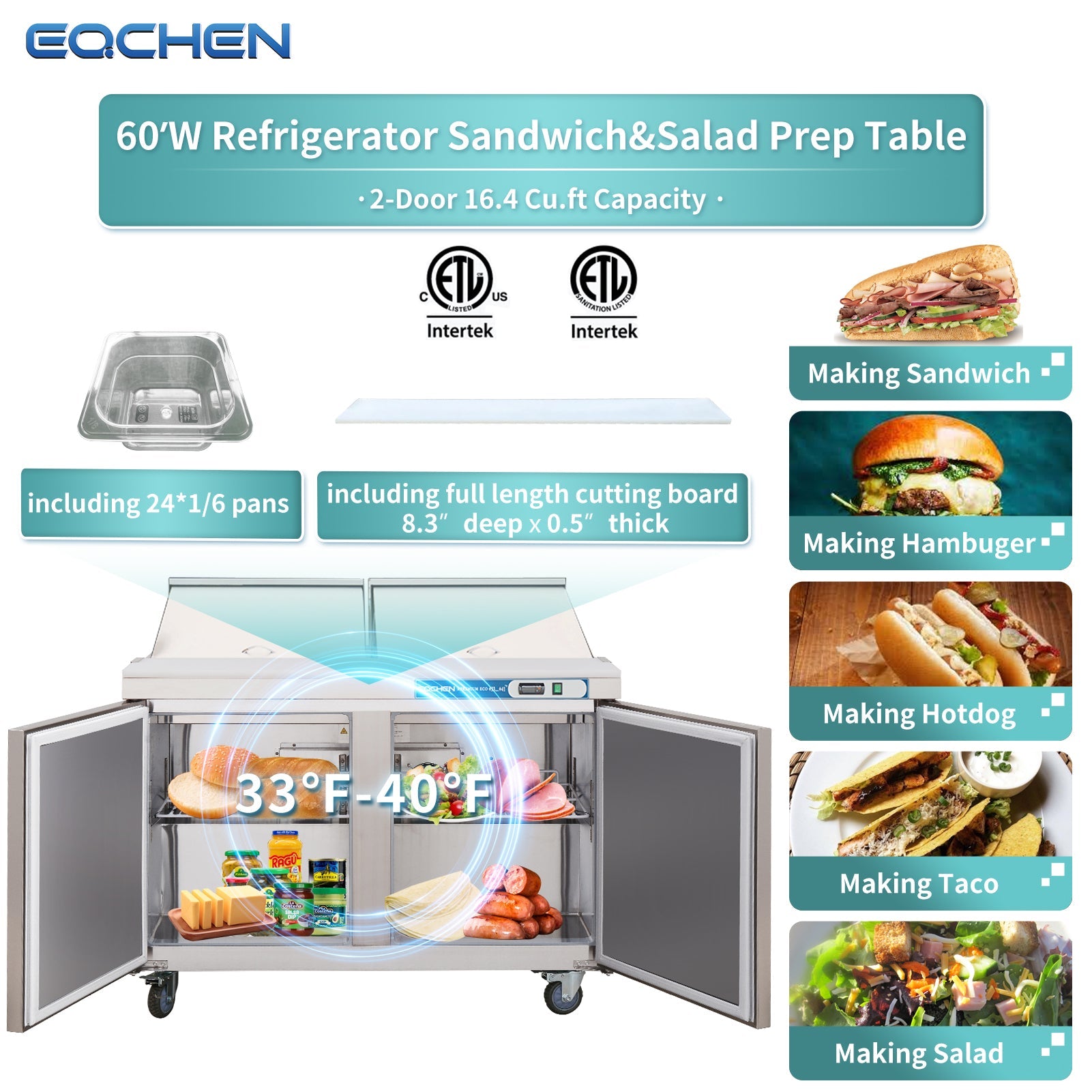 EQCHEN 60" W 2 Door Refrigerator Sandwich & Salad Prep Table Commercial Mega Top Refrigerator