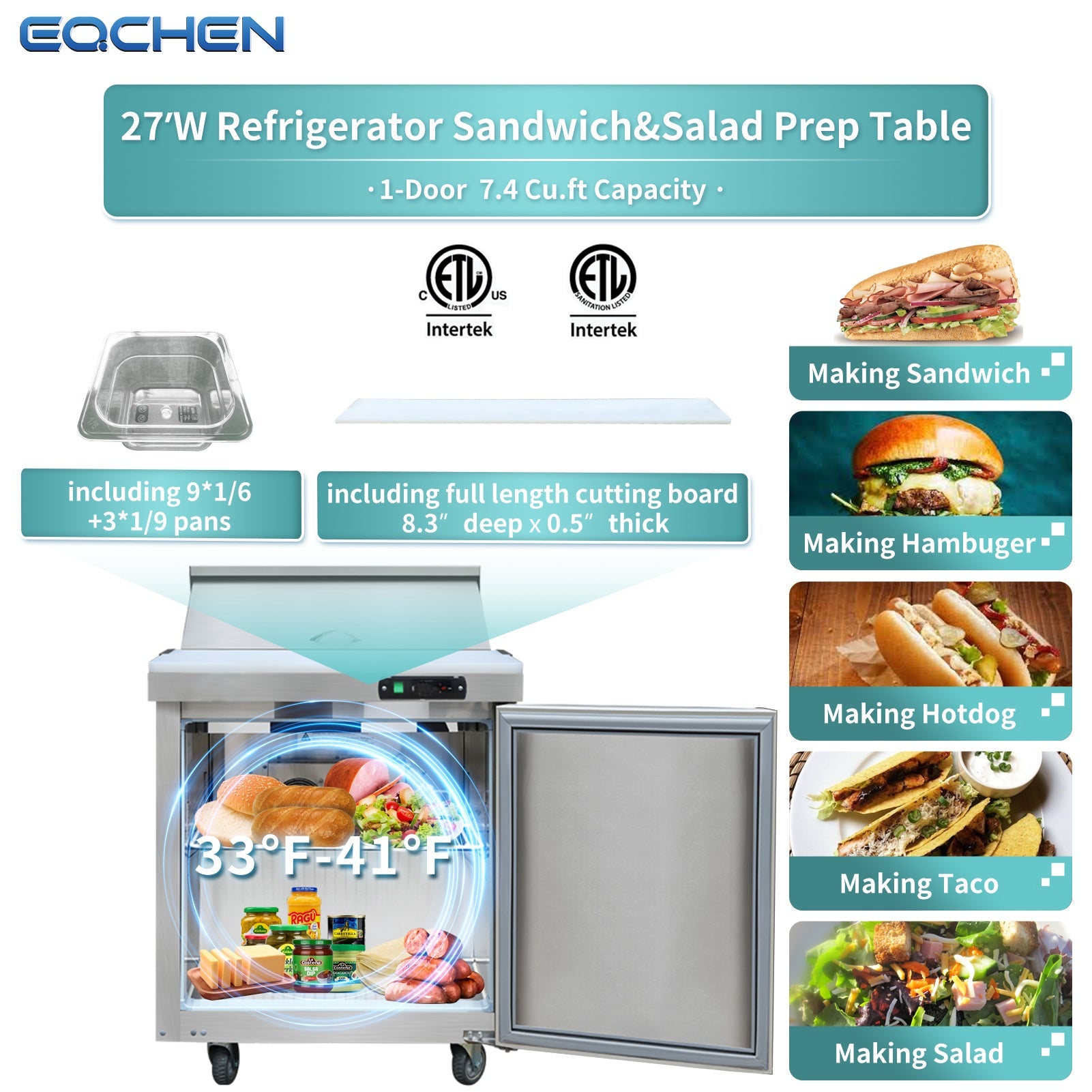 EQCHEN 27 Inch Mega Top Sandwich Prep Table Refrigerator