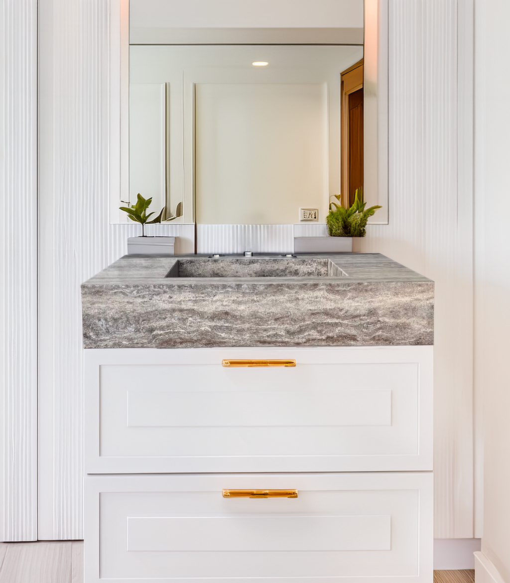 HANDCRAFTED CUSTOM SILVER TRAVERTINE SINK (TR-047)